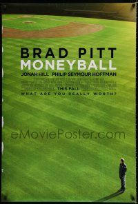 1k494 MONEYBALL advance DS 1sh '11 great image of Brad Pitt standing on baseball field!