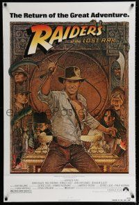 1k595 RAIDERS OF THE LOST ARK 1sh R82 great art of adventurer Harrison Ford by Richard Amsel!