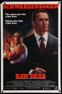 1k601 RAW DEAL 1sh '86 art of tough guy Arnold Schwarzenegger with gun & in suit!