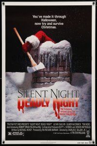 1k683 SILENT NIGHT, DEADLY NIGHT 1sh '84 close up of killer Santa Claus w/axe going down chimney!