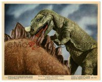 1m014 ANIMAL WORLD color 8x10 still #11 '56 cool special fx image of T-rex biting Stegosaurus!