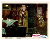 1m017 BUS STOP color 8x10 still '56 bewildered Marilyn Monroe with overcoat and suitcase!