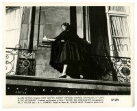 1m602 LOVE IN THE AFTERNOON 8.25x10.25 still '57 Audrey Hepburn on ledge outside her apartment!