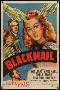 1p087 BLACKMAIL 1sh '47 cool film noir art of green hands pointing at Adele Mara!