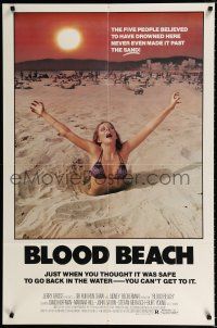 1p089 BLOOD BEACH 1sh '81 classic Jaws parody image of sexy girl in bikini sinking in quicksand!