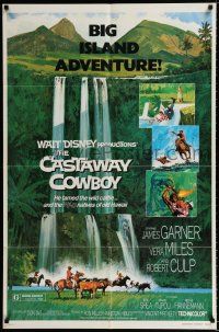 1p141 CASTAWAY COWBOY 1sh '74 Disney, art of James Garner with lasso in Hawaii on horse in water!