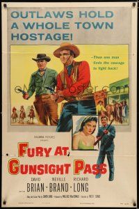 1p325 FURY AT GUNSIGHT PASS style B 1sh '56 outlaws hold a whole town hostage but 1 man fights back