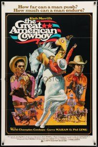 1p354 GREAT AMERICAN COWBOY 1sh '74 Larry Mahan, different Jarvis rodeo art!