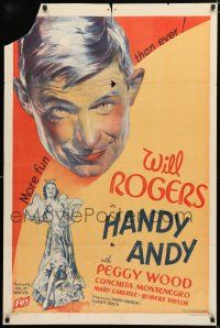 1p370 HANDY ANDY style A 1sh '34 great stone litho headshot of Will Rogers + sexy woman!