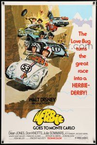 1p385 HERBIE GOES TO MONTE CARLO 1sh '77 Disney, wacky art of Volkswagen Beetle car racing!