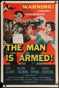 1p550 MAN IS ARMED 1sh '56 art of violent dangerous Dane Clark with gun grabbing sexy May Wynn!