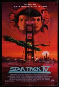 1p810 STAR TREK IV 1sh '86 art of Leonard Nimoy, Shatner & Klingon Bird-of-Prey by Bob Peak!