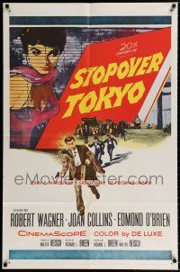 1p819 STOPOVER TOKYO 1sh R61 artwork of sexy Joan Collins & spy Robert Wagner in Japan!