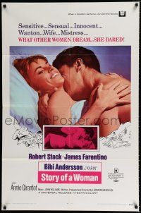 1p822 STORY OF A WOMAN 1sh '69 great romantic close up of sexy Bibi Andersson & Robert Stack!