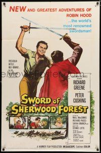 1p852 SWORD OF SHERWOOD FOREST 1sh '60 art of Richard Greene as Robin Hood fighting Peter Cushing!