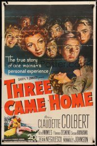 1p885 THREE CAME HOME 1sh '49 artwork of Claudette Colbert & prison women without their men!
