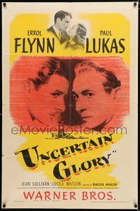 1p923 UNCERTAIN GLORY 1sh '44 art of French Errol Flynn face-to-face with Nazi Paul Lukas!