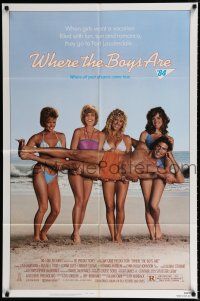 1p969 WHERE THE BOYS ARE 1sh '84 great image of sexy girls in bikinis holding up man!