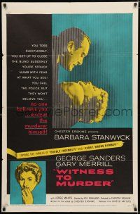 1p981 WITNESS TO MURDER 1sh '54 no one believes what Barbara Stanwyck saw except for the murderer!