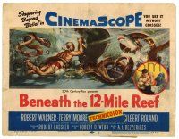 1r029 BENEATH THE 12-MILE REEF TC '53 cool art of scuba divers fighting octopus & shark!