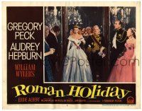 1r855 ROMAN HOLIDAY LC #6 '53 Audrey Hepburn in full princess outfit escorted into room!