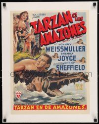 1s277 TARZAN & THE AMAZONS linen Belgian '47 art of Weissmuller wrestling croc + Joyce & Sheffield!