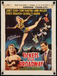 1s283 TWO TICKETS TO BROADWAY linen Belgian '51 Janet Leigh, Tony Martin, Howard Hughes, different!