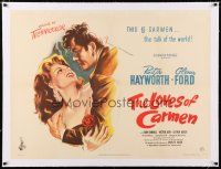 1s114 LOVES OF CARMEN linen British quad '48 great romantic art of sexy Rita Hayworth & Glenn Ford!