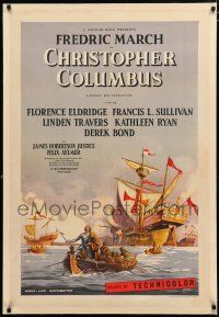 1s108 CHRISTOPHER COLUMBUS linen English 1sh '49 best different art of Fredric March with ships!