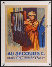 1s190 AU SECOURS linen French 23x32 '25 art of soldier Harry Piel carrying gun rack by Gaillant!