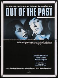 1s138 OUT OF THE PAST linen German R80s great c/u of smoking Robert Mitchum & Jane Greer!