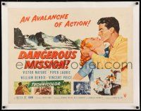 1s035 DANGEROUS MISSION linen 1/2sh '54 Victor Mature, Piper Laurie, an avalanche of action!
