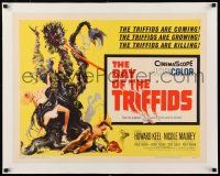 1s036 DAY OF THE TRIFFIDS linen 1/2sh '62 classic English sci-fi horror, art of monster with girl!