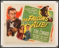 1s045 FALCON'S ALIBI linen style B 1/2sh '46 the law says death for detective Tom Conway, cool art!