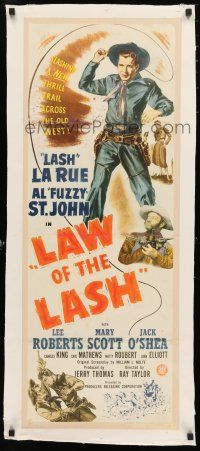 1s020 LAW OF THE LASH linen insert '47 great full-length artwork image of Lash La Rue whipping!