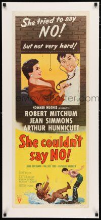 1s025 SHE COULDN'T SAY NO linen insert '54 sexy short-haired Jean Simmons examines Robert Mitchum!