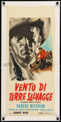 1s167 BLOOD ON THE MOON linen Italian locandina R61 cool Rene art of cowboy Robert Mitchum w/ gun!