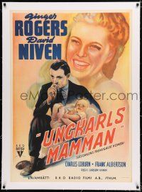 1s118 BACHELOR MOTHER linen Swedish '39 different art of David Niven, pretty Ginger Rogers & baby!