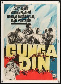 1s122 GUNGA DIN linen Swedish '39 Aberg art of Cary Grant, Douglas Fairbanks Jr. & Victor McLaglen!
