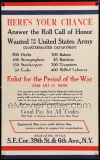 1s007 HERE'S YOUR CHANCE linen 25x40 WWI war poster '17 a chance to answer the roll call of honor!