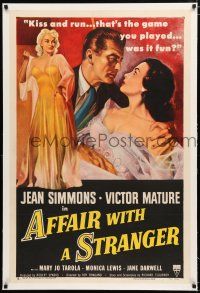 1t003 AFFAIR WITH A STRANGER linen 1sh '53 great art of Jean Simmons, Victor Mature & sexy bad girl!