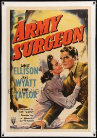1t013 ARMY SURGEON linen 1sh '42 art of pretty nurse Jane Wyatt pleading with soldier James Ellison!