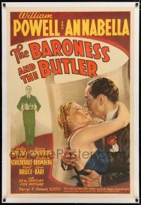 1t021 BARONESS & THE BUTLER linen 1sh '38 romantic artwork of William Powell & pretty Annabella!