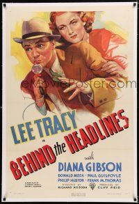 1t023 BEHIND THE HEADLINES linen 1sh '37 great art of Lee Tracy w/ radio microphone & Diana Gibson!