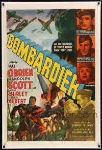 1t028 BOMBARDIER linen 1sh '43 Pat O'Brien, Randolph Scott, cool art of bombers in action!