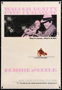 1t029 BONNIE & CLYDE linen 1sh '67 Warren Beatty & Faye Dunaway are young, in love & kill people!