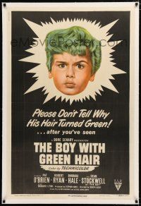 1t031 BOY WITH GREEN HAIR linen 1sh '48 huge headshot of Dean Stockwell, a kid who wants to end war!