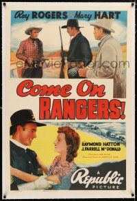 1t054 COME ON RANGERS linen 1sh '38 art of Roy Rogers pointing two guns at bad guys!