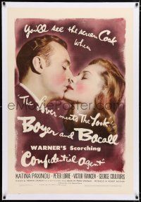 1t055 CONFIDENTIAL AGENT linen 1sh '45 romantic c/u of Charles Boyer kissing Lauren Bacall!