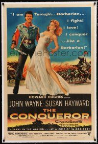 1t056 CONQUEROR linen 1sh '56 barbarian John Wayne grabs half-dressed sexy Susan Hayward!